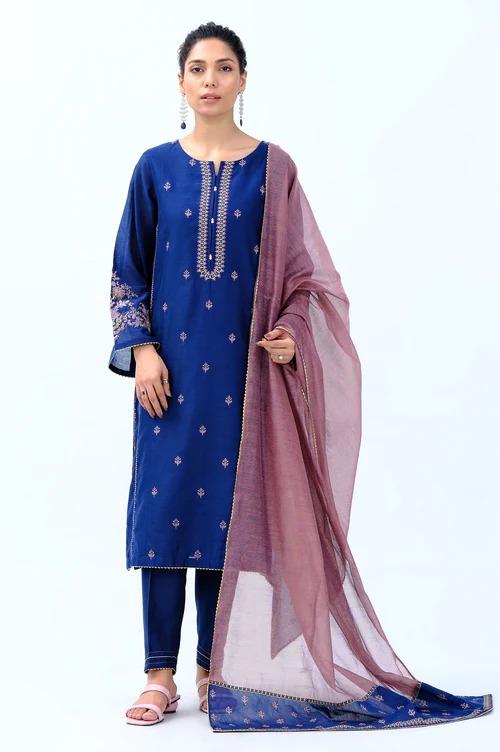 Stitched 3 Piece Cotton Net Embroidered Suit